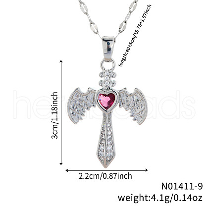 Retro Hip Hop Style Brass Full Rhinestone Heart Wing Sword Pendant Necklaces for Women IJ2885-9-1