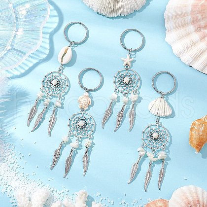 4Pcs Tibetan Style Alloy with Natural Shell & Synthetic Turquoise Keychains KEYC-JKC01179-1
