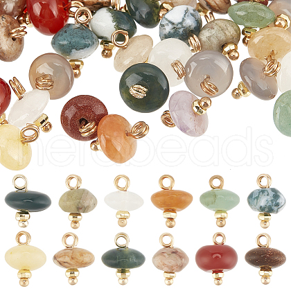 DELORIGIN 48Pcs 12 Styles Mixed Gemstone Rondelle Charms with Rack Plating Brass Loops FIND-DR0001-37-1