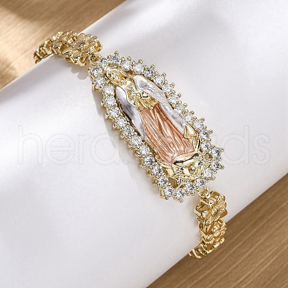 Brass Micro Pave Clear Cubic Zirconia Flower Link Bracelets for Women BJEW-U044-03A-G-1