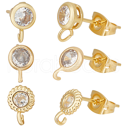 Beebeecraft 12Pcs 3 Style Flat Round Brass Micro Clear Cubic Zirconia Stud Earring Findings KK-BBC0012-71-1