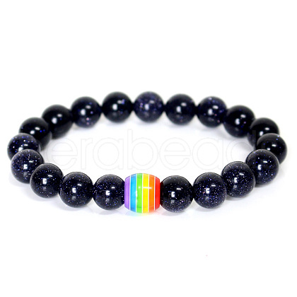 Synthetic Blue Goldstone Round Beaded Stretch Bracelets ZA0541-7-1