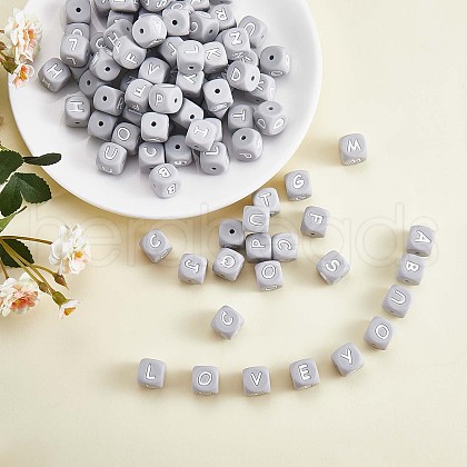 20Pcs Grey Cube Letter Silicone Beads 12x12x12mm Square Dice Alphabet Beads with 2mm Hole Spacer Loose Letter Beads for Bracelet Necklace Jewelry Making JX436U-1