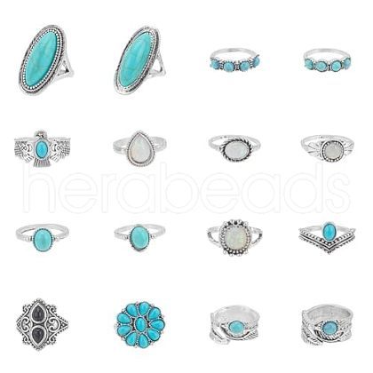 ANATTASOUL 16Pcs 16 Style Flower & Oval & Eagle & Teardrop & Feather Synthetic Turquoise Finger Rings Set RJEW-AN0001-06-1