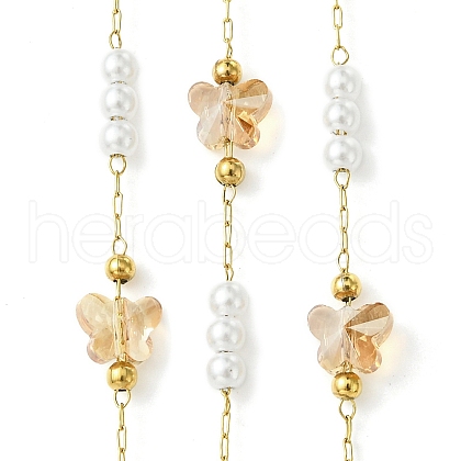 10M Ion Plating(IP) 304 Stainless Steel & ABS Plastic Pearl Bead & Butterfly Glass Link Chains CHS-G035-04G-04-1