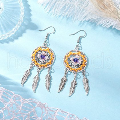 Flat Round with Feather Handmade Glass Seed Beads Chandelier Earrings EJEW-MZ00473-03-1