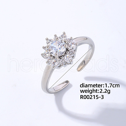 Flower Platinum Brass Open Cuff Ring with Cubic Zirconia EG7863-31-1