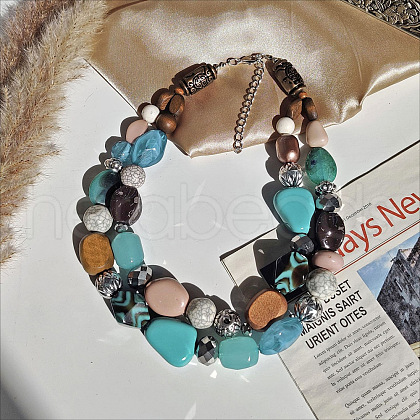Wood & Resin Nuggets Beaded Double Layer Necklaces for Women FS-WGB5610-16-1