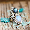 Teardrop & Oval Bohemian Style Zinc Alloy with Resin Imitation Moonstone/Rhinestone Finger Rings FS-WGFB6C4-01-2