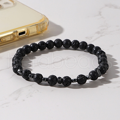 Round Natural Lava Rock Beaded Stretch Bracelets for Men AZ3150-1