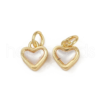 Brass Pave Natural White Shell Heart Charms KK-C093-18G-1