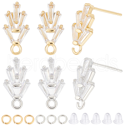 CREATCABIN 8 Pairs 2 Color Flower Shape Brass Cubic Zirconia Stud Earring Findings KK-CN0003-21-1