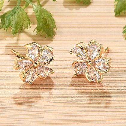 Flower Brass Micro Pave Cubic Zirconia Stud Earrings for Women EJEW-G428-28A-02-1