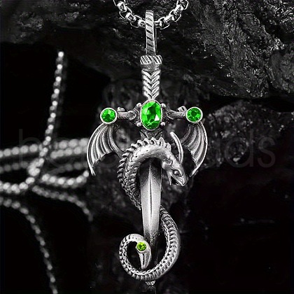Alloy & 201 Stainless Steel & Rhinestone Dinosaur Wrapped Sword Pendant Necklaces for Men FS-WGFE8C1-05-1