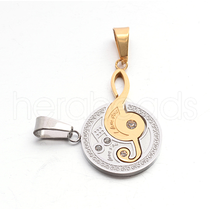 Valentine's Couple Jewelry 304 Stainless Steel Rhinestone Flat Round and Musical Note with Word Love You Pendants STAS-E090-74G-1
