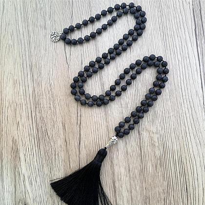 Natural Lava Rock Mala Prayer Round Beaded Wrap Necklaces with Long Tassel and Metal Tree of Life FS-WG93CBE-06-1