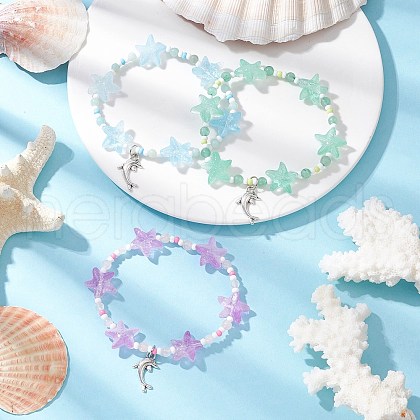 3Pcs 3 Colors Spray Painted Glass Star Beads & Natural Rose Quartz & Amazonite & Green Aventurine Beads Stretch Bracelets for Women BJEW-MZ00175-1