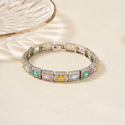 Elegant Brass Cubic Zirconia Rectangle Link Chain Bracelets for Women OJ6421-3-1
