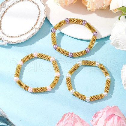 3Pcs Snowflake Alloy Spacer and Glass Pearl Beaded Stretch Bracelets for Women BJEW-JB11803-1