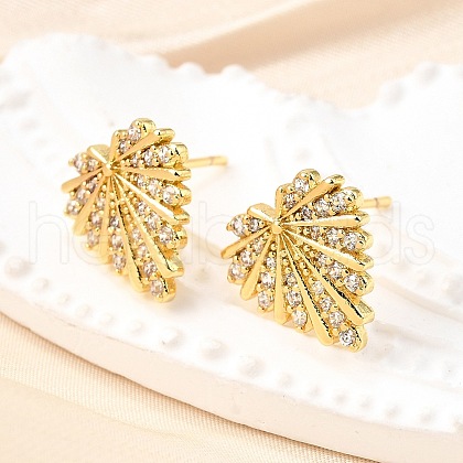 Heart Brass Micro Pave Clear Cubic Zirconia Stud Earrings EJEW-G433-02G-1