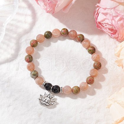 Natural Unakite & Multi-Moonstone Beaded Stretch Bracelets BJEW-JB11951-02-1