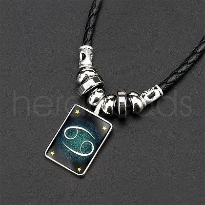 Luminous Rectangle with Constellation Alloy Glass Pendant Black Braided Imitation Leather Cord Necklaces WG00EE9-05-1