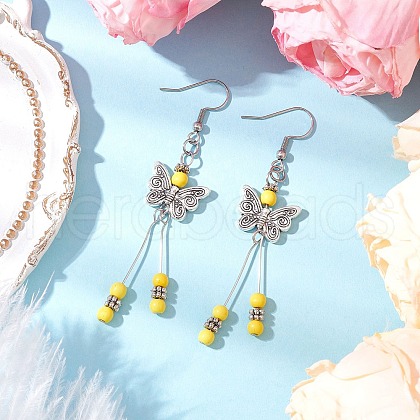 Butterfly 304 Stainless Steel Tassel Dangle Earrings EJEW-JE06422-03-1