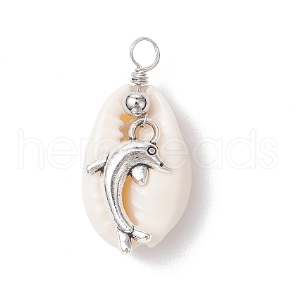 Natural Cowrie Shell & Alloy Sea Animals Pendants PALLOY-JF03751-05-1