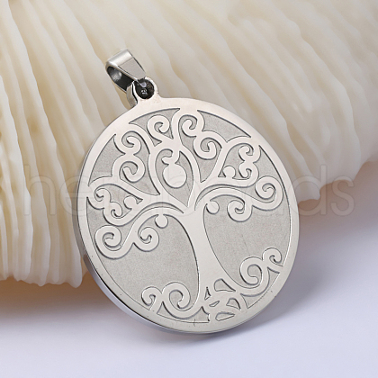 Flat Round with Tree of Life 201 Stainless Steel Pendants STAS-I040-06A-1-1