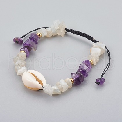 Natural Amethyst & White Moonstone Chip Braided Bead Bracelets BJEW-JB04080-02-1