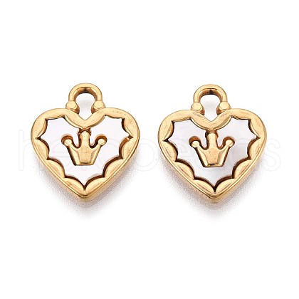 304 Stainless Steel Pave Natural White Shell Crown Heart Pendants STAS-N110-22A-G-1