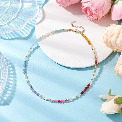 Electroplated Glass & Cultured Freshwater Pearl & Natural Mixed Stone Faceted Round Beaded Chakra Necklaces for Women NJEW-JN05248-1