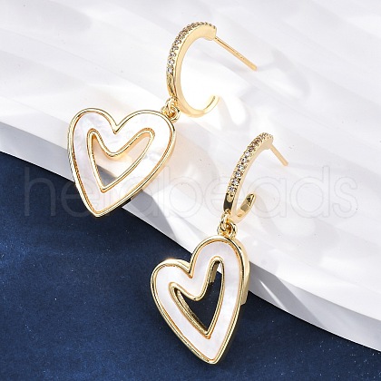 Heart Brass Micro Pave Clear Cubic Zirconia Dangle Stud Earrings KK-D363-12C-G-1