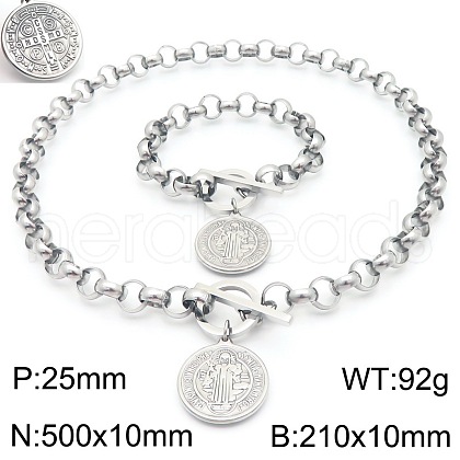 Flat Round with Saint Benedict 304 Stainless Steel Rolo Chain Pendant Necklace & Charm Bracelets Sets FS-WGC58E4-02-1