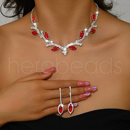 Leaf Brass Rhinestone Stud Dangle Earrings & Pendant Necklaces Set for Women SJEW-M102-03S-01-1
