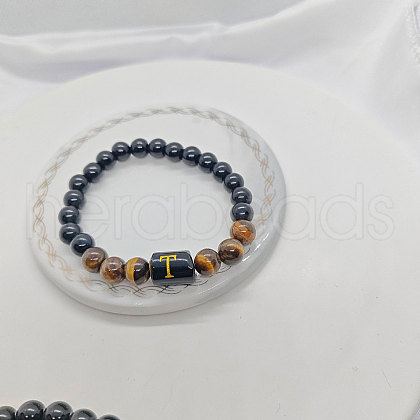 Natural Tiger Eye & Black Obsidian Round Beaded Stretch Braceletes WG32BD9-15-1