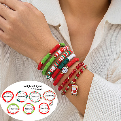 7pcs 7 Styles Christmas Theme Handmade Polymer Clay Heishi & Acrylic Beads Stretch Bracelets for Women WG289FB-16-1