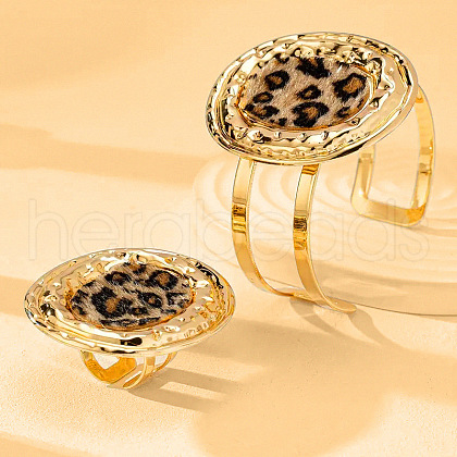 Oval with Leopard Print Pattern Alloy & Imitation Leather Cuff Bangles & Cuff Rings Sets FS-WG4B1E8-01-1