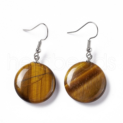 Natural Tiger Eye Flat Round Dangle Earrings EJEW-D188-03P-07-1