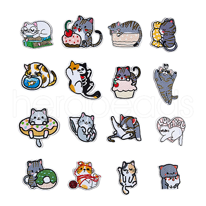 HOBBIESAY 16Pcs 16 Style Cat Theme Computerized Embroidery Cloth Iron on Patches PATC-HY0001-19-1