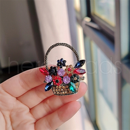 Flower Basket Antique Golden Alloy Rhinestone Brooches PW-WG6DF7D-01-1