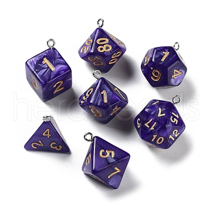 7 Styles Opaque Resin Polyhedral Dice Pendants Set RESI-A029-01H-1