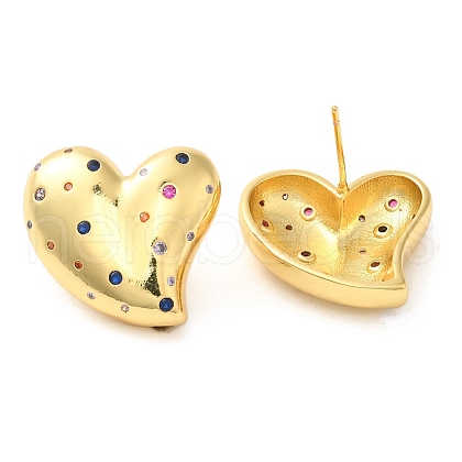 Brass with Cubic Zirconia Heart Stud Earrings EJEW-G382-23G-1