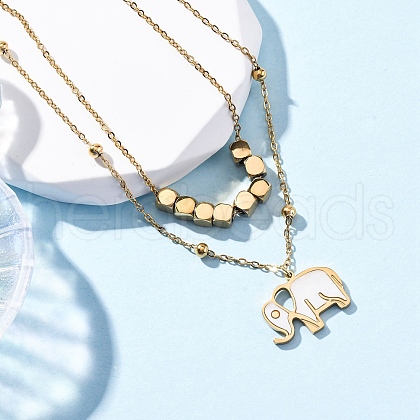 304 Stainless Steel Pave Natural White Shell Elephant Pendant Double Layer Necklaces NJEW-R026-06G-1