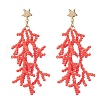 Star with Coral Handmade Glass Seed Beads Tassel Stud Earrings EJEW-MZ00472-01-2