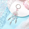 Woven Net/Web with Feather Alloy & Natural Rose Quartz & Glass Seed Keychains KEYC-MZ00041-02-2