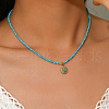 Stainless Steel Pave Synthetic Turquoise Drop Pendant Round Beaded Necklaces for Women Daily Elegant Jewelry YJ5982-2
