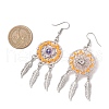 Flat Round with Feather Handmade Glass Seed Beads Chandelier Earrings EJEW-MZ00473-03-4