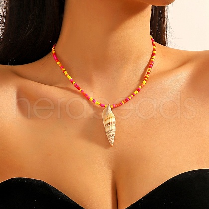 Summer Beach Natural Shell Pendant Glass Seed Beaded Necklaces for Women FS-WGEF253-09-1