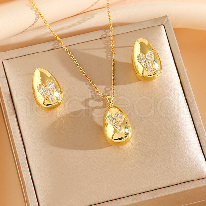 304 Stainless Steel Cubic Zirconia Stud Earrings & Pendant Necklaces Sets FS-WG34C3D-02-1